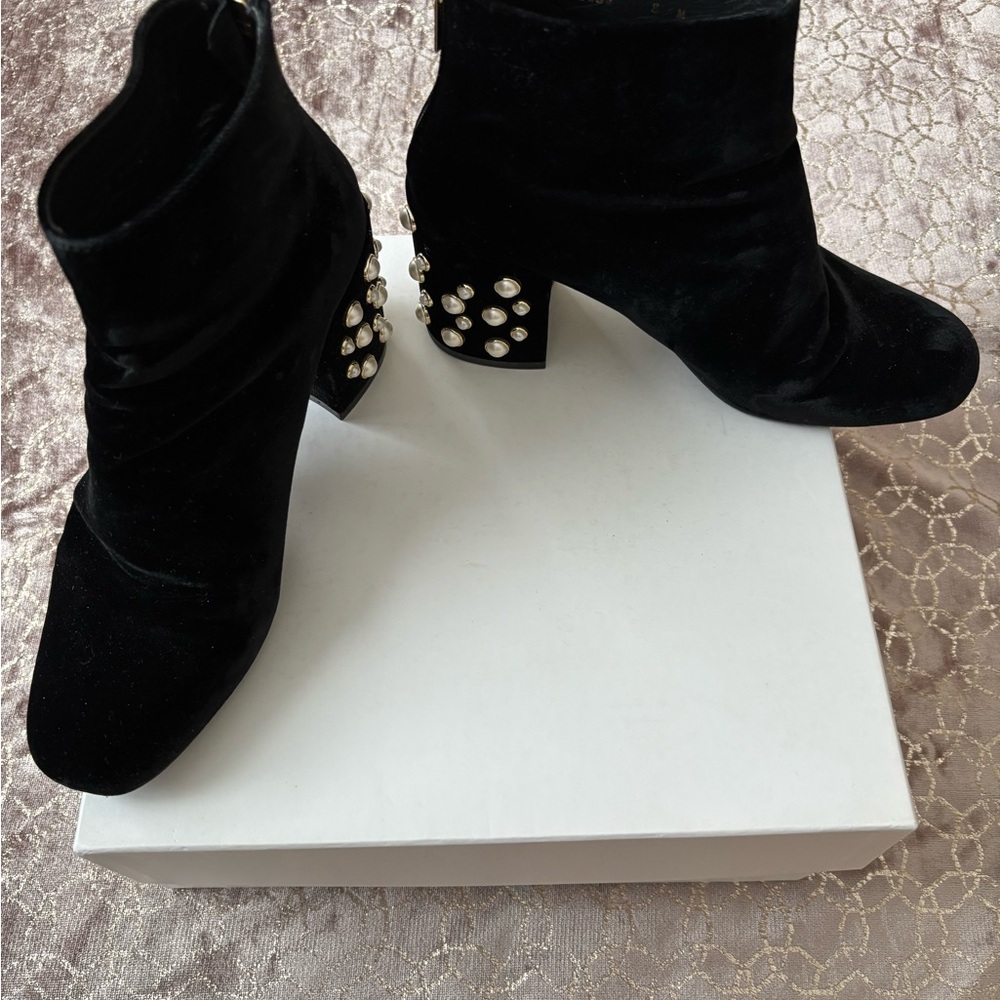 Stuart Weitzman Black Velvet Boots with Pearl Stacked Heels
